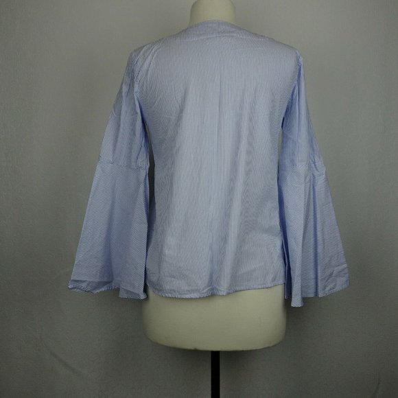 Zara Size XS Blue White Striped Shirt Bell Sleeves - Picture 5 of 10